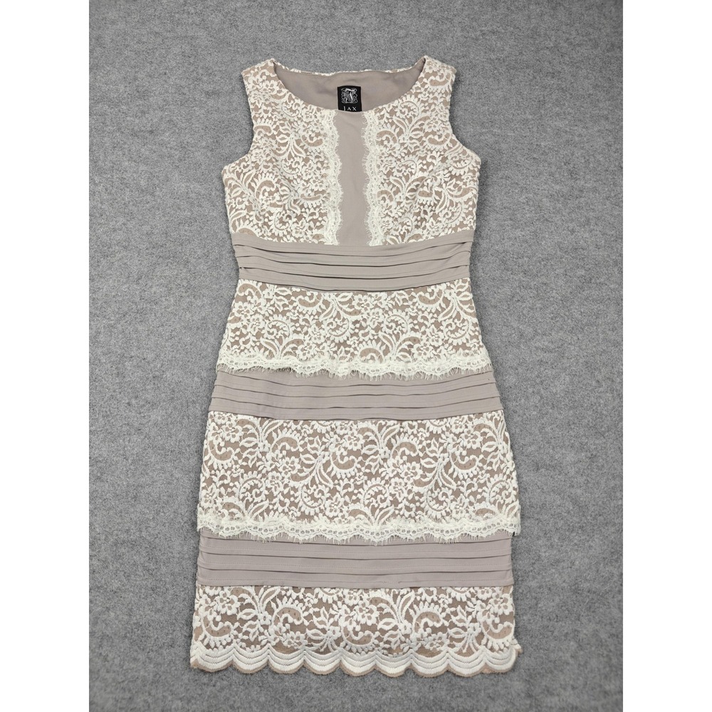 Jax Dress Womens 6 Beige Lace Sheath Sleeveless Knee Length Party Cocktail